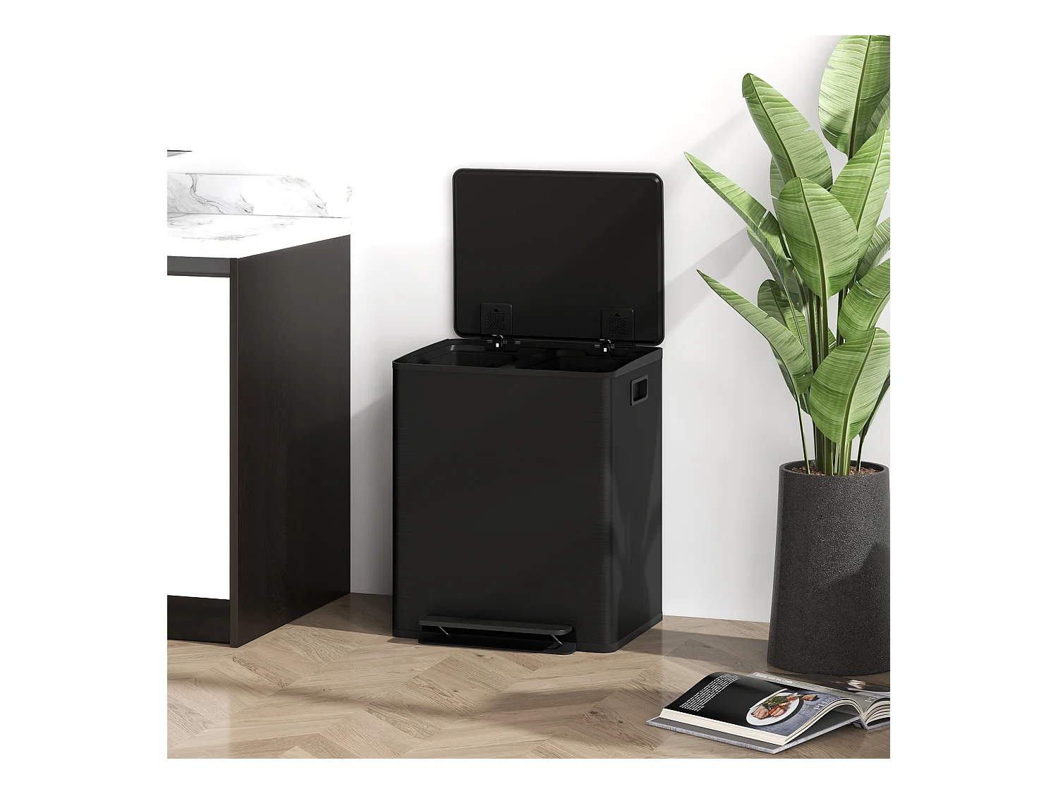 Poubelle à pédale 2x25L, Acier Inox, Noir (47.7x37.5x56 cm)