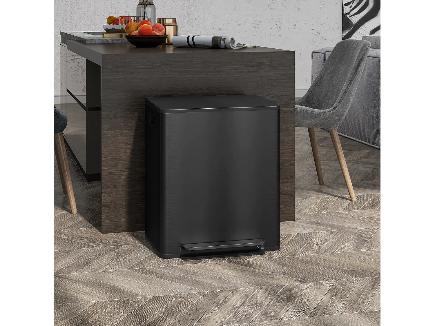 Poubelle à pédale 2x25L, Acier Inox, Noir (47.7x37.5x56 cm)