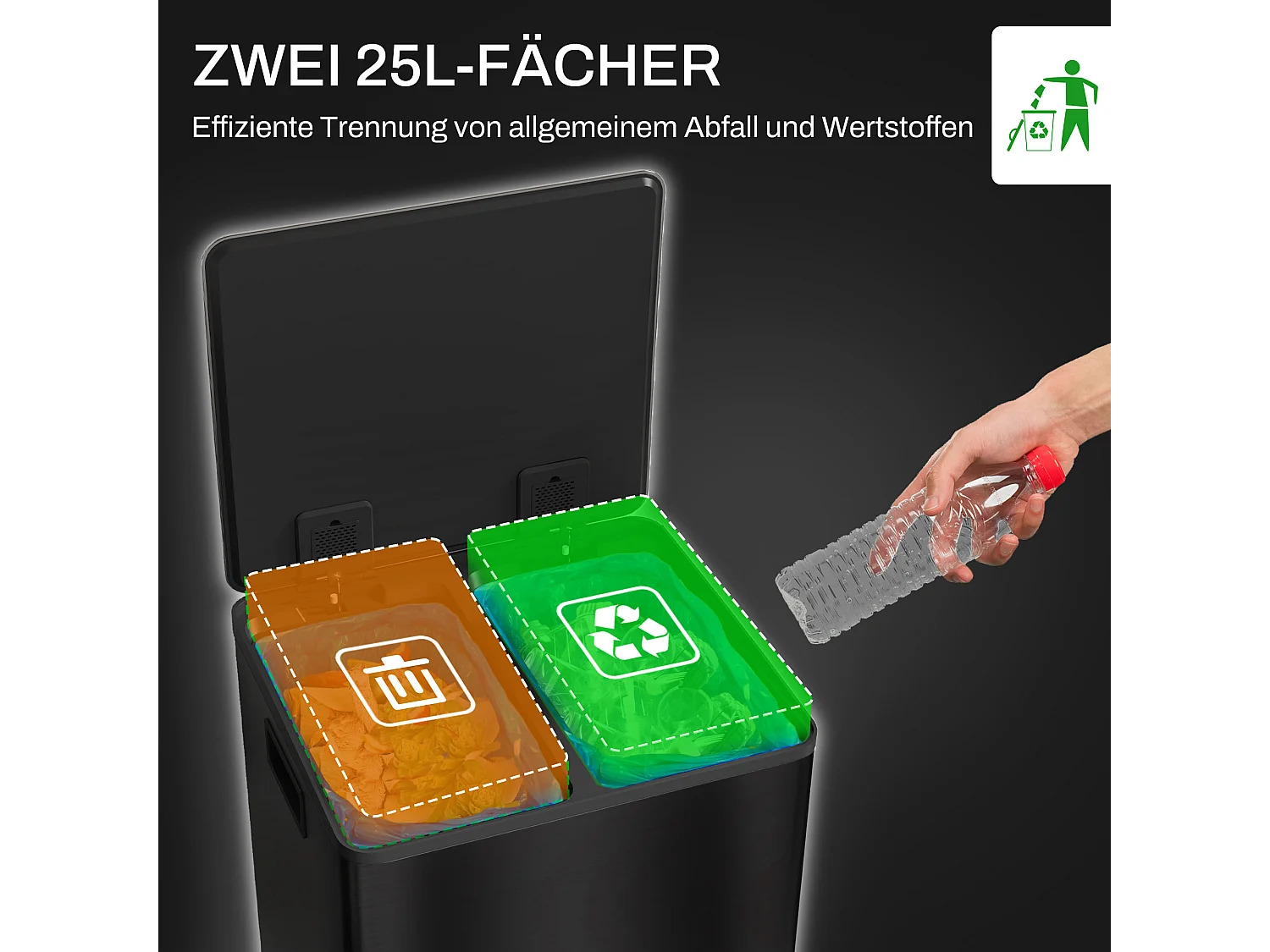 Poubelle à pédale 2x25L, Acier Inox, Noir (47.7x37.5x56 cm)