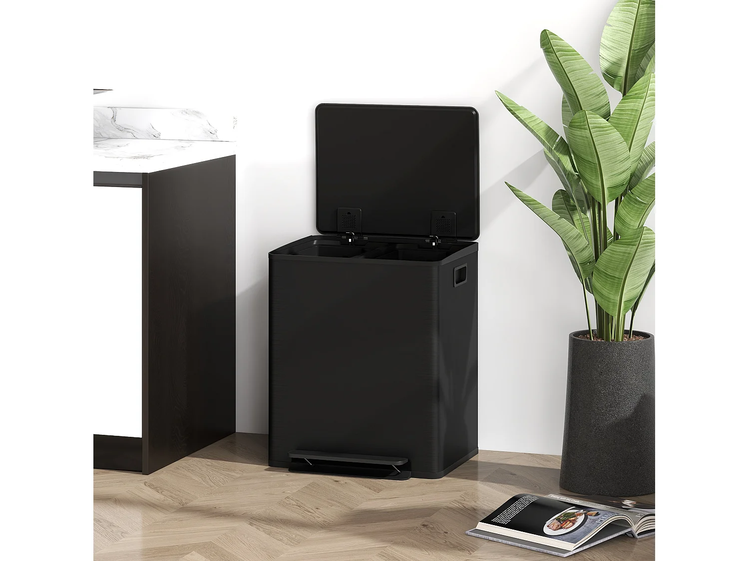 Poubelle à pédale 2x25L, Acier Inox, Noir (47.7x37.5x56 cm)