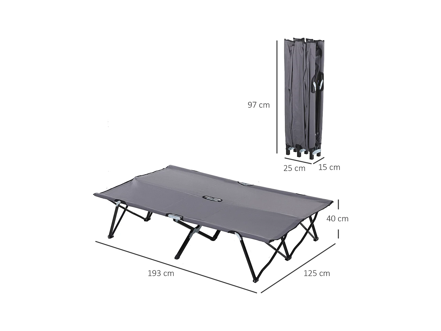 Lit de camping pliable 2 personnes, structure en acier, Oxford, gris (193x125x40 cm)