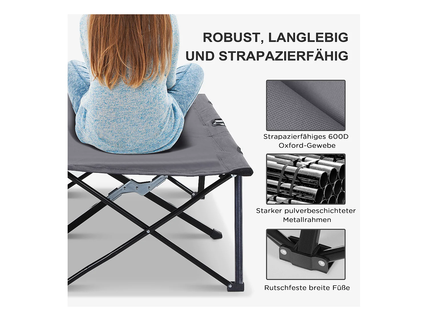 Lit de camping pliable 2 personnes, structure en acier, Oxford, gris (193x125x40 cm)