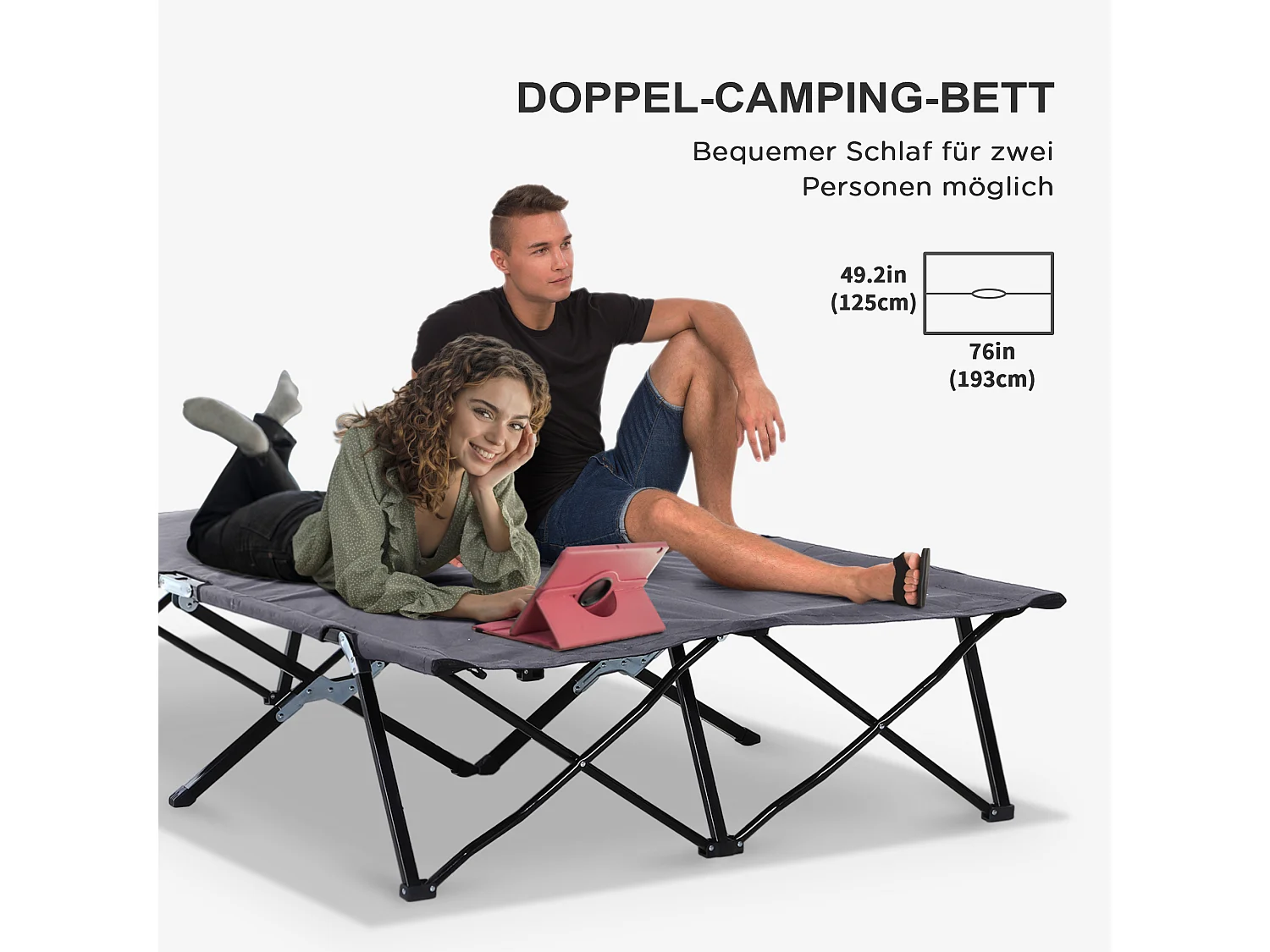 Lit de camping pliable 2 personnes, structure en acier, Oxford, gris (193x125x40 cm)