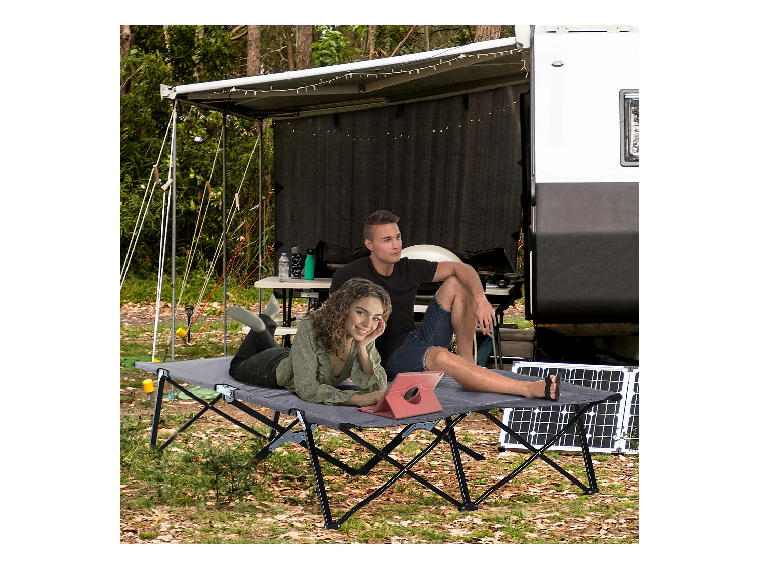 Lit de camping pliable 2 personnes, structure en acier, Oxford, gris (193x125x40 cm)