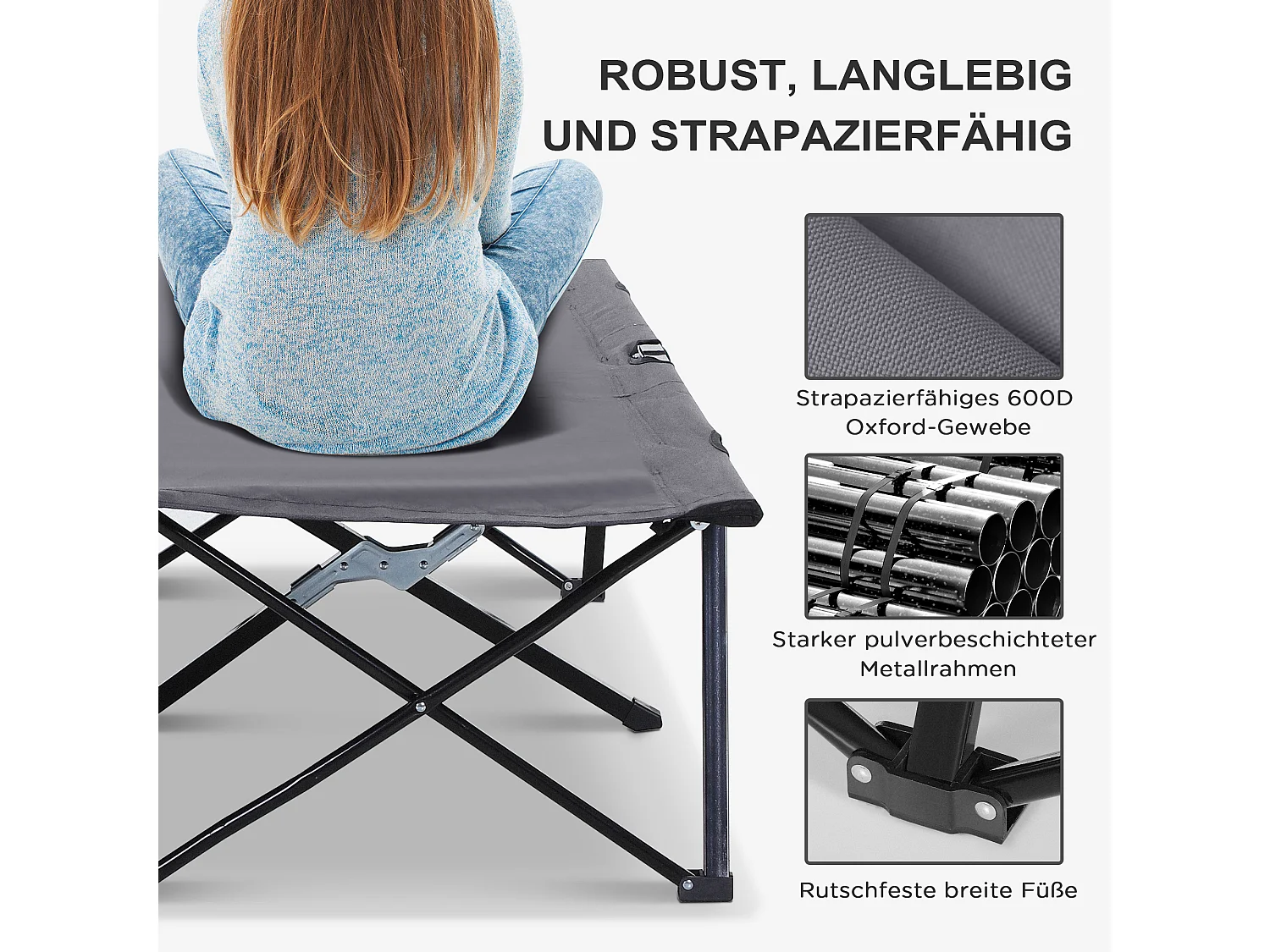 Lit de camping pliable 2 personnes, structure en acier, Oxford, gris (193x125x40 cm)
