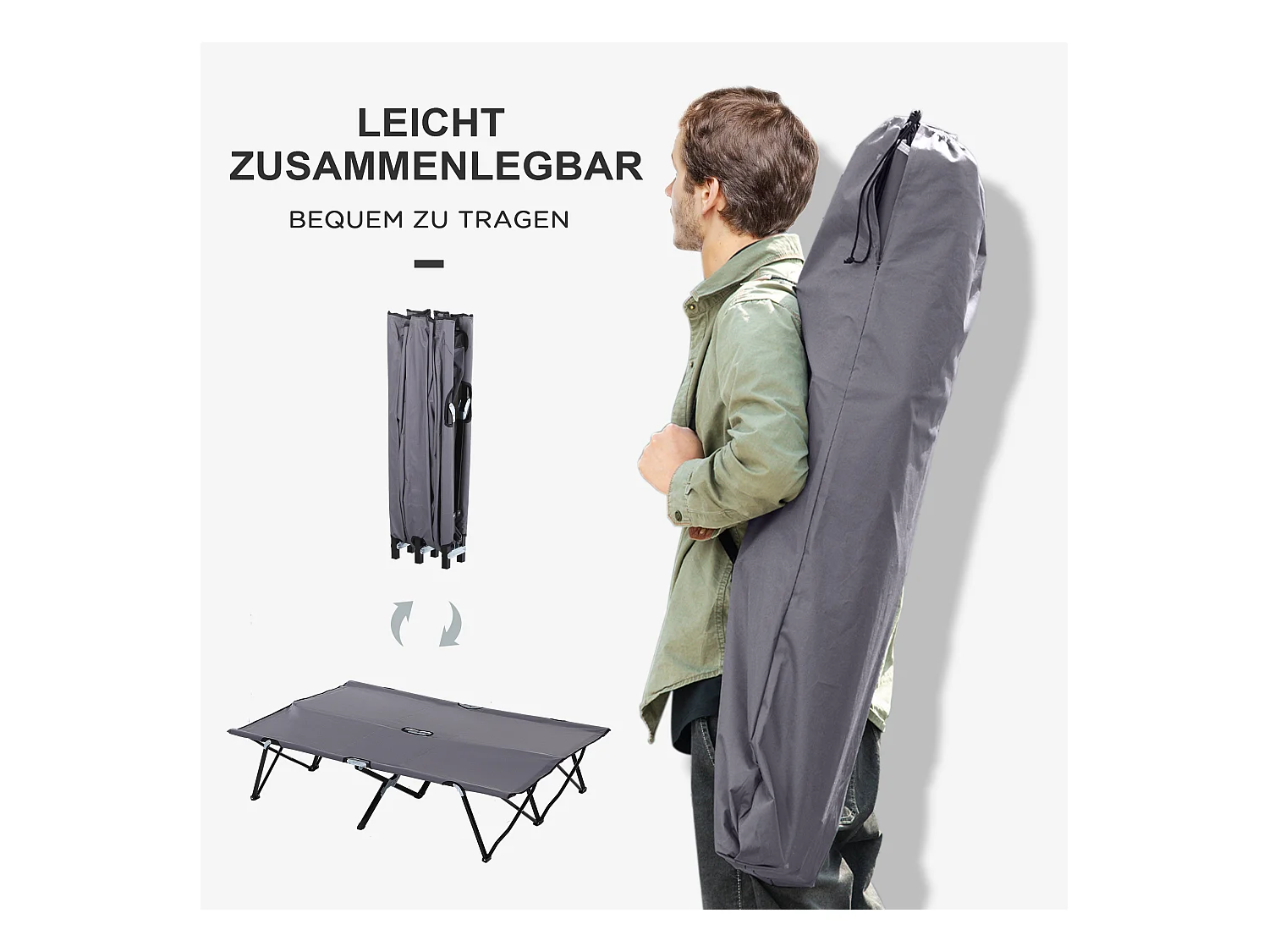 Lit de camping pliable 2 personnes, structure en acier, Oxford, gris (193x125x40 cm)