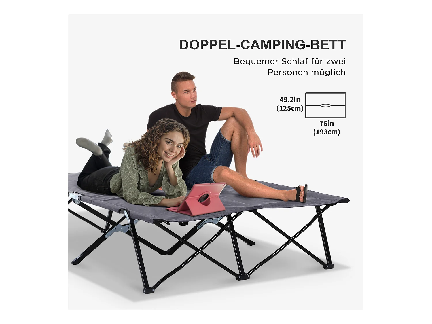 Lit de camping pliable 2 personnes, structure en acier, Oxford, gris (193x125x40 cm)