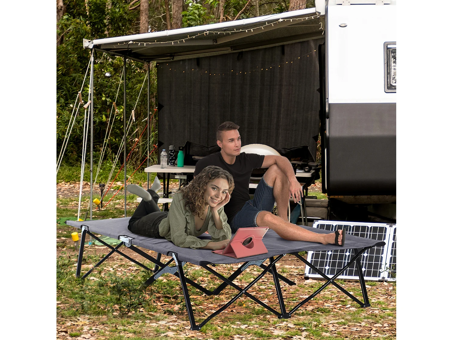 Lit de camping pliable 2 personnes, structure en acier, Oxford, gris (193x125x40 cm)
