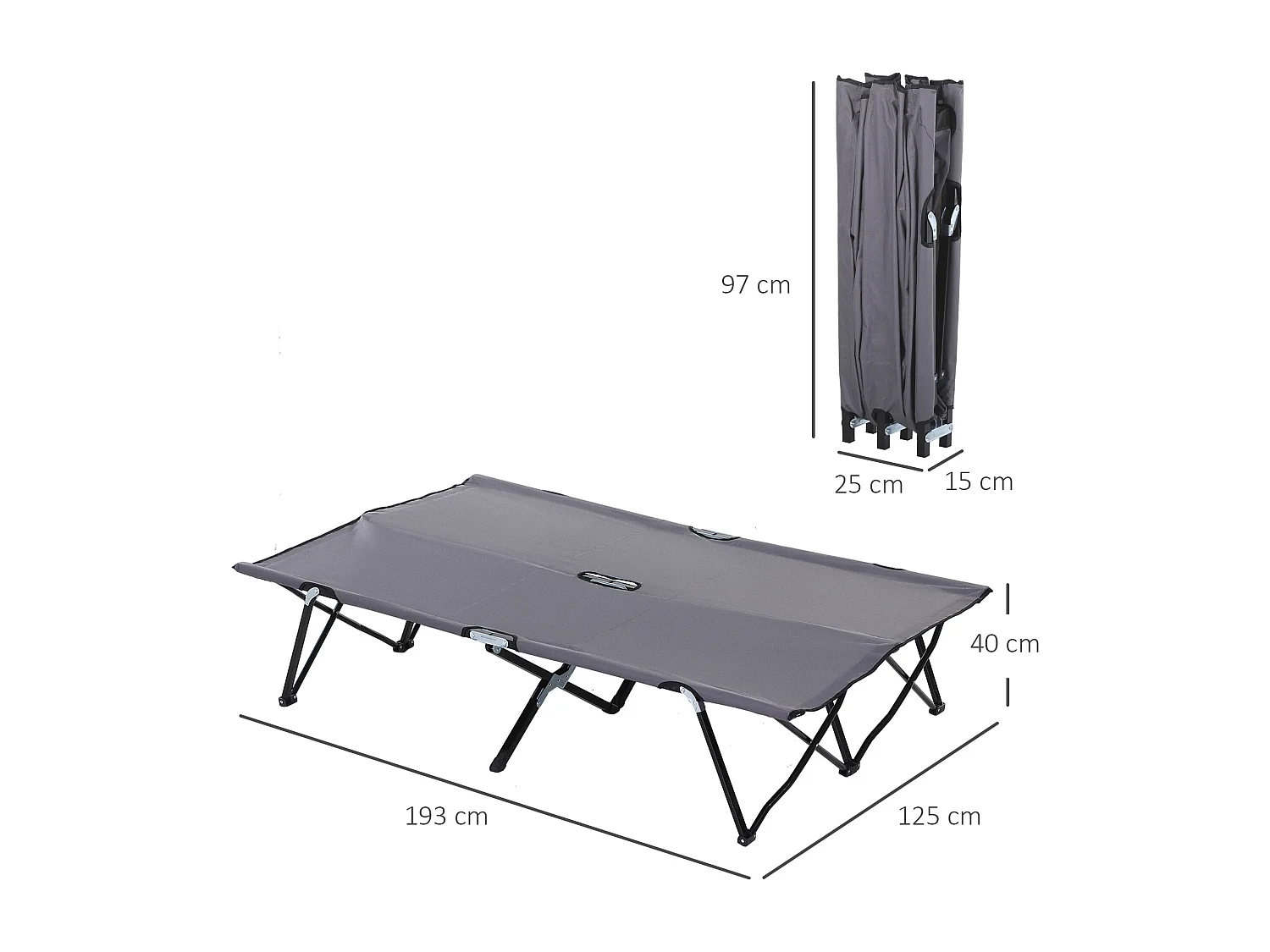 Lit de camping pliable 2 personnes, structure en acier, Oxford, gris (193x125x40 cm)