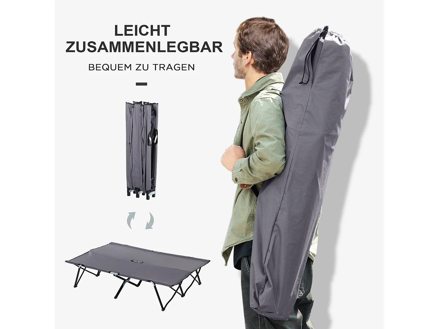 Lit de camping pliable 2 personnes, structure en acier, Oxford, gris (193x125x40 cm)