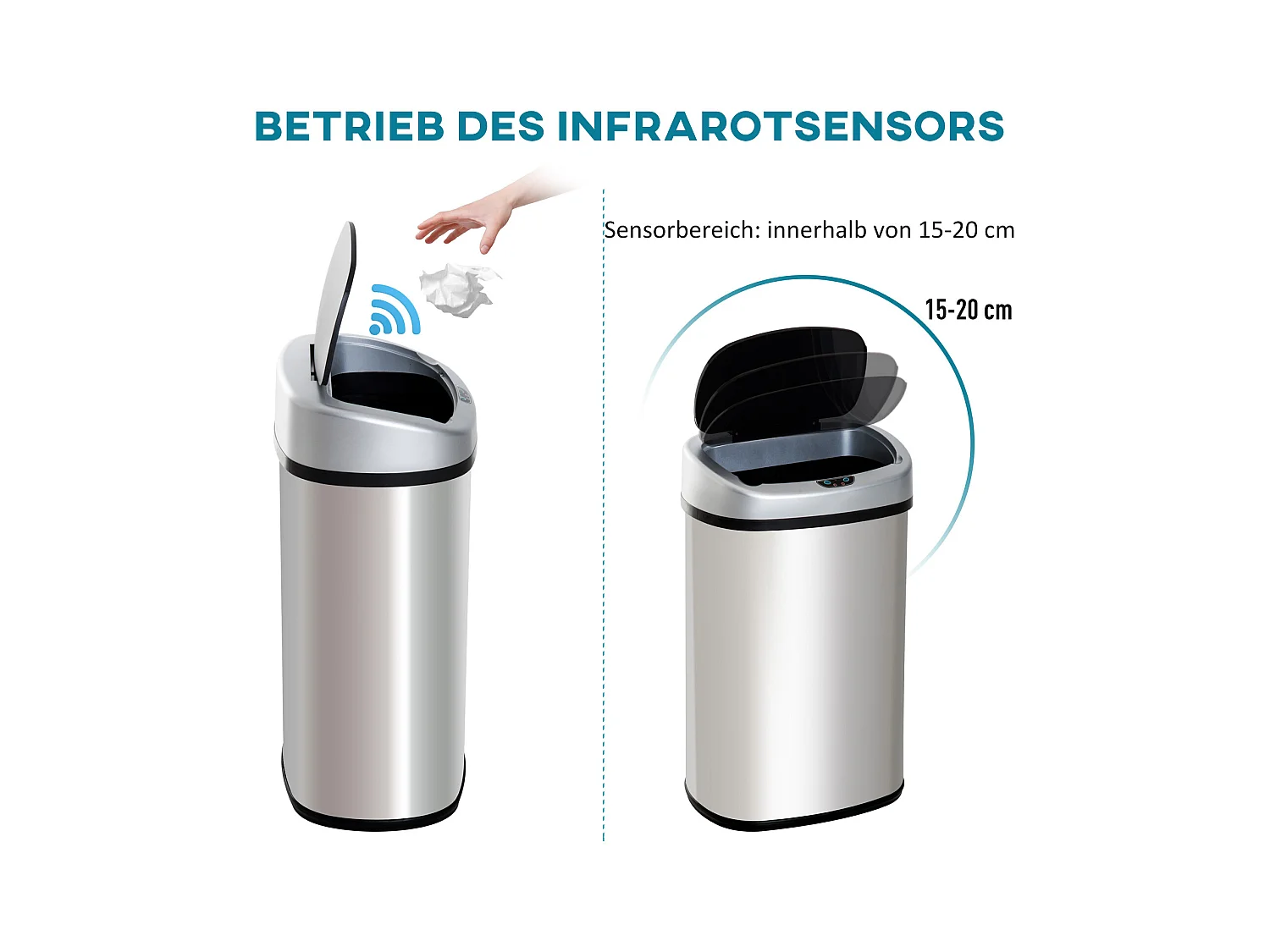 Poubelle automatique 30L, capteur IR, inox, intérieur amovible optionnel, carré (33x25x58cm)