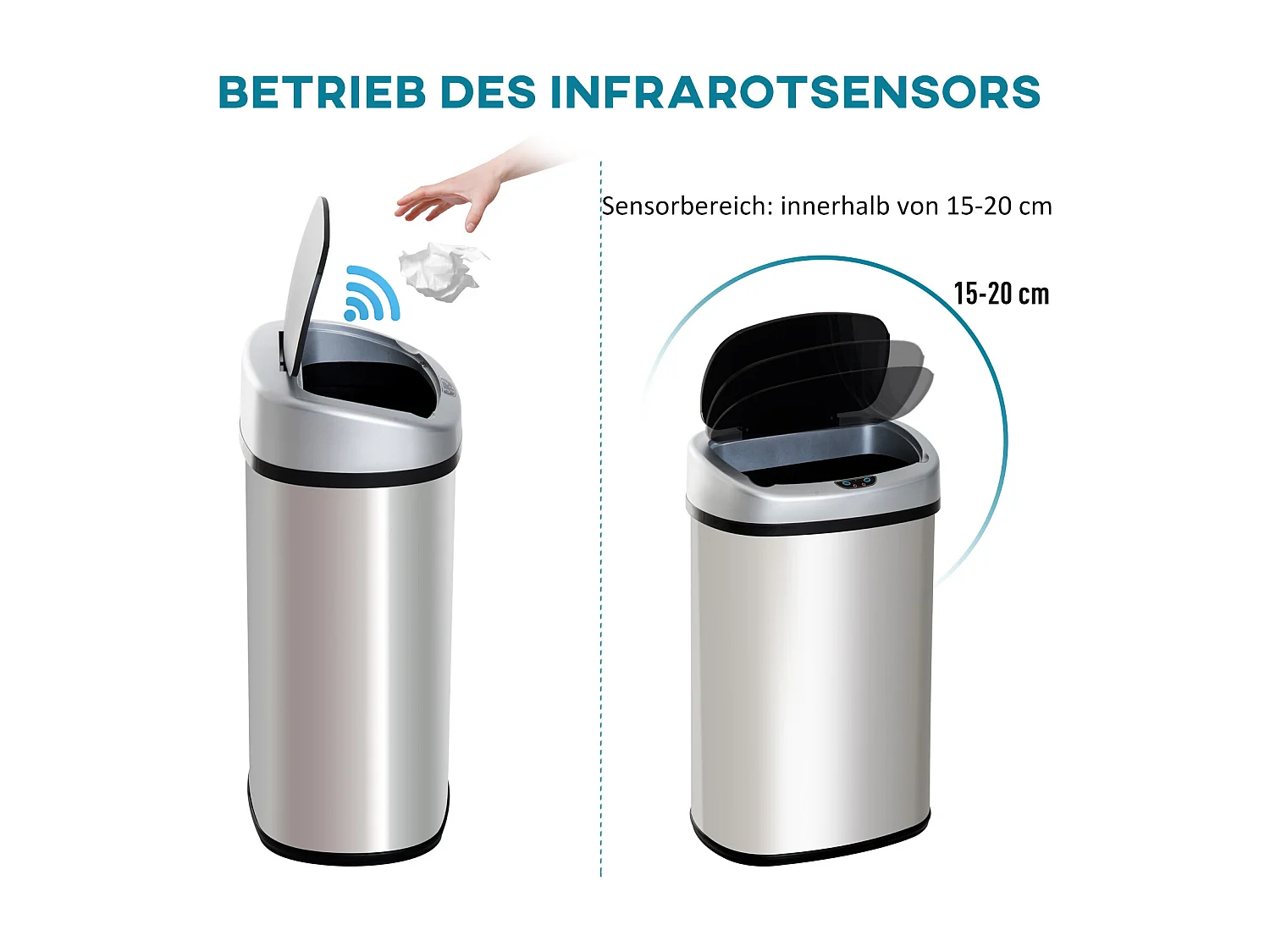 Poubelle automatique 30L, capteur IR, inox, intérieur amovible optionnel, carré (33x25x58cm)