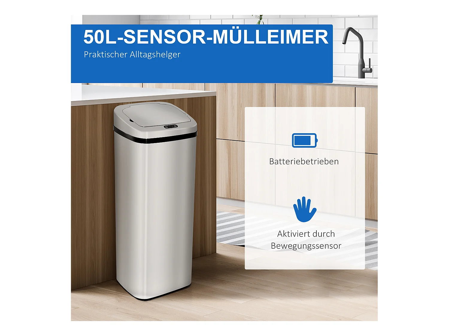 Poubelle automatique avec capteur, inox, 50L, design moderne (33x25x84 cm)