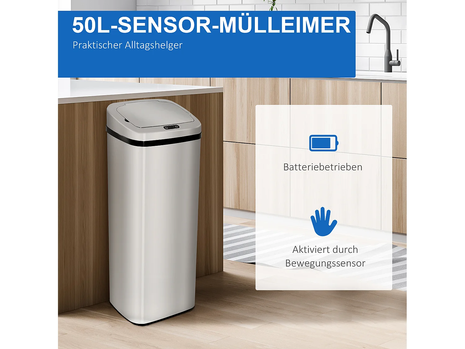 Poubelle automatique avec capteur, inox, 50L, design moderne (33x25x84 cm)