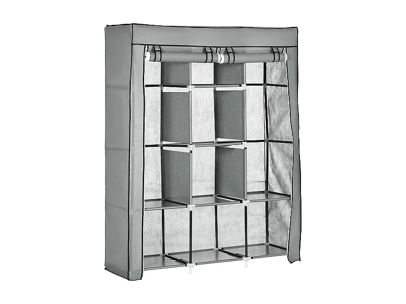 Armoire textile pliable avec 2 tringles et 8 étagères, structure acier, gris clair (125x43x162.5cm)