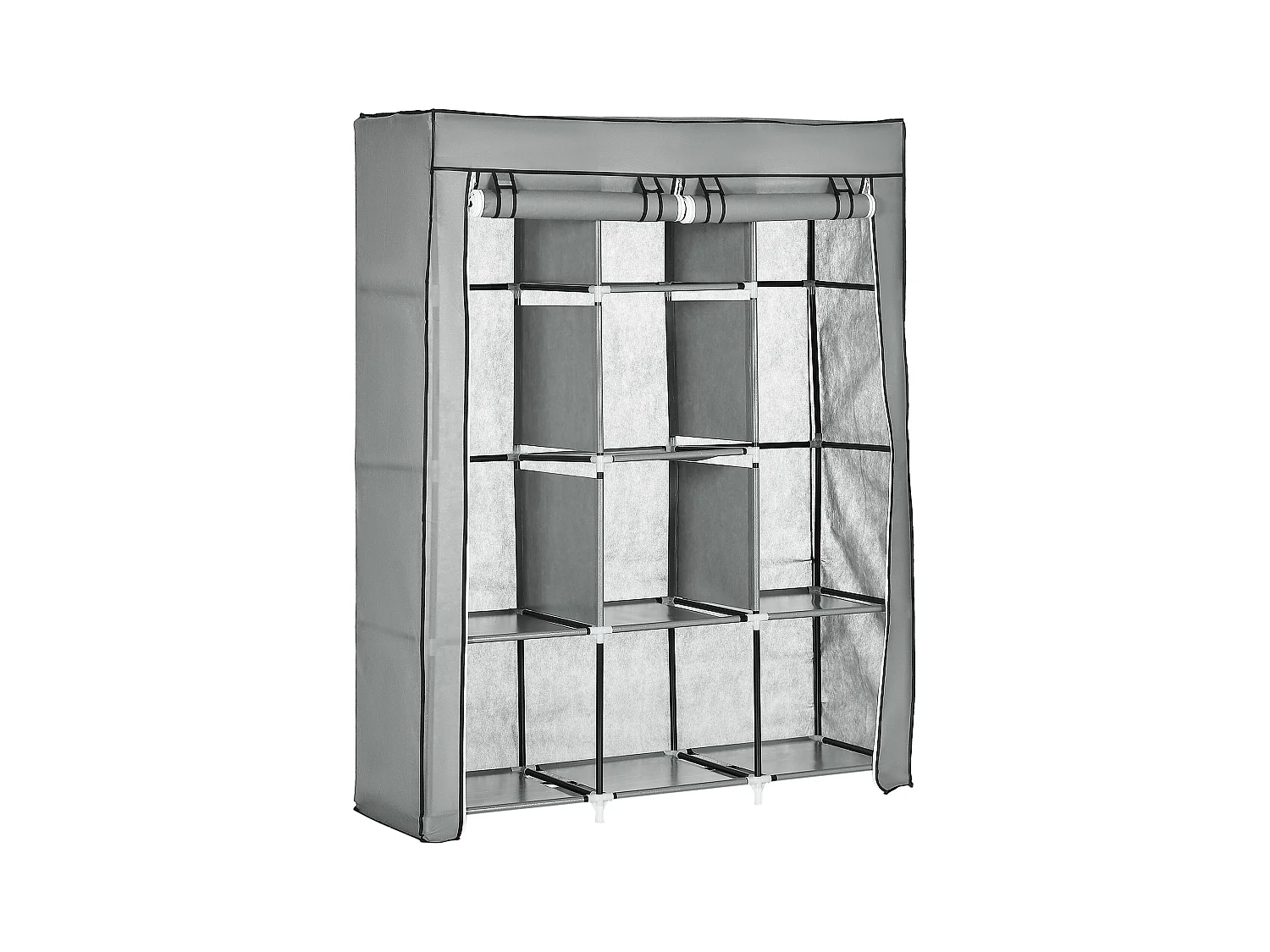 Armoire textile pliable avec 2 tringles et 8 étagères, structure acier, gris clair (125x43x162.5cm)