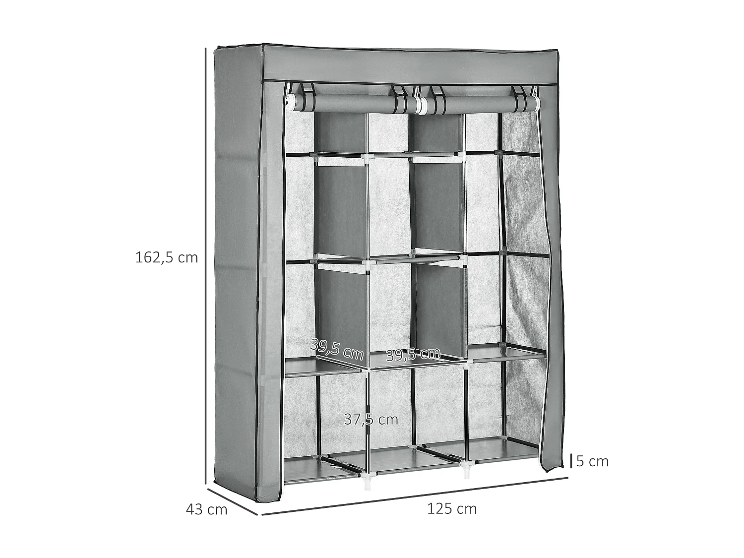 Armoire textile pliable avec 2 tringles et 8 étagères, structure acier, gris clair (125x43x162.5cm)