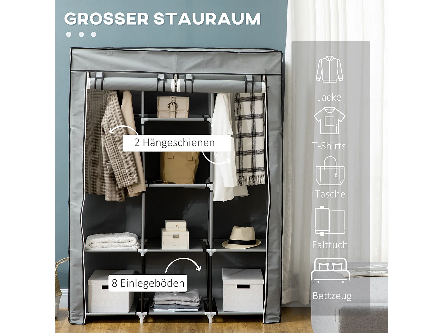 Armoire textile pliable avec 2 tringles et 8 étagères, structure acier, gris clair (125x43x162.5cm)