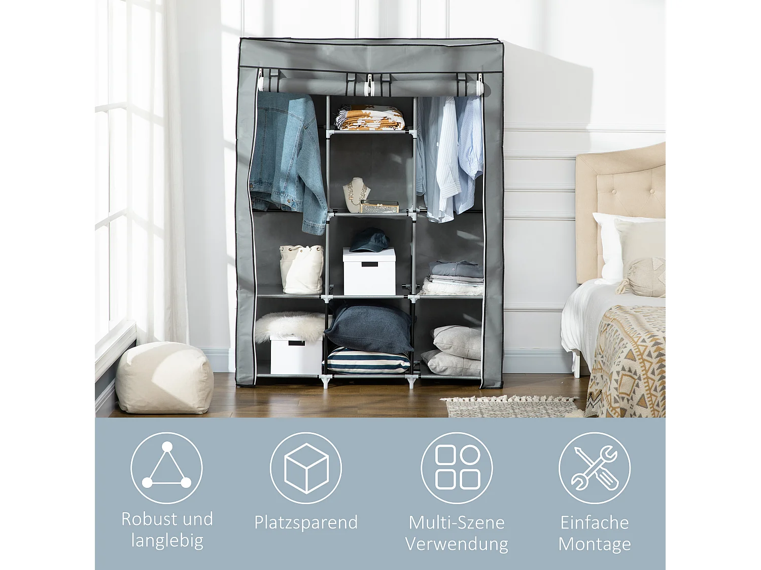 Armoire textile pliable avec 2 tringles et 8 étagères, structure acier, gris clair (125x43x162.5cm)