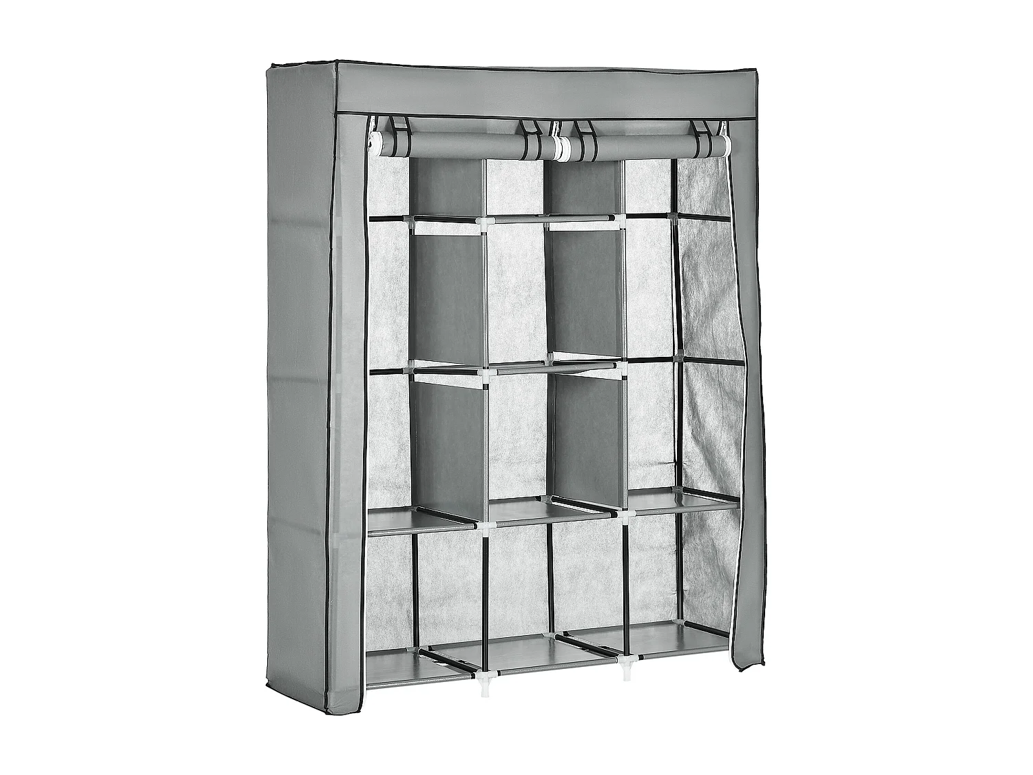 Armoire textile pliable avec 2 tringles et 8 étagères, structure acier, gris clair (125x43x162.5cm)