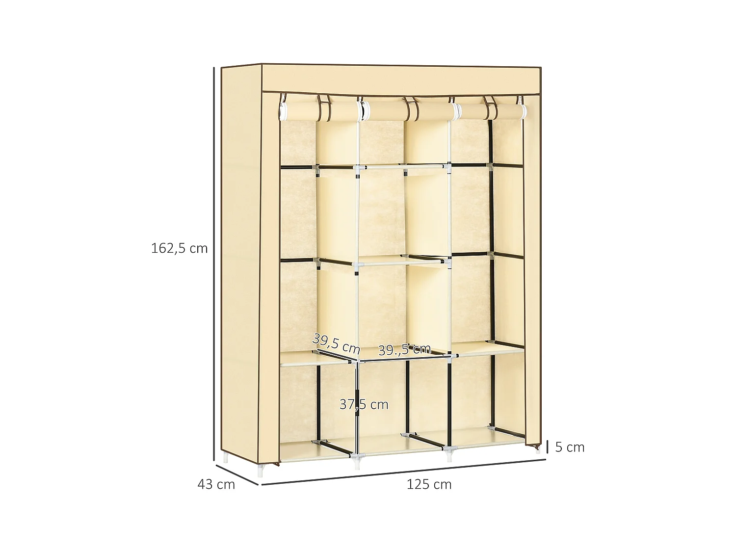 Armoire en tissu avec 8 étagères et penderie, design compact, acier et tissu beige (125x43x162.5 cm)
