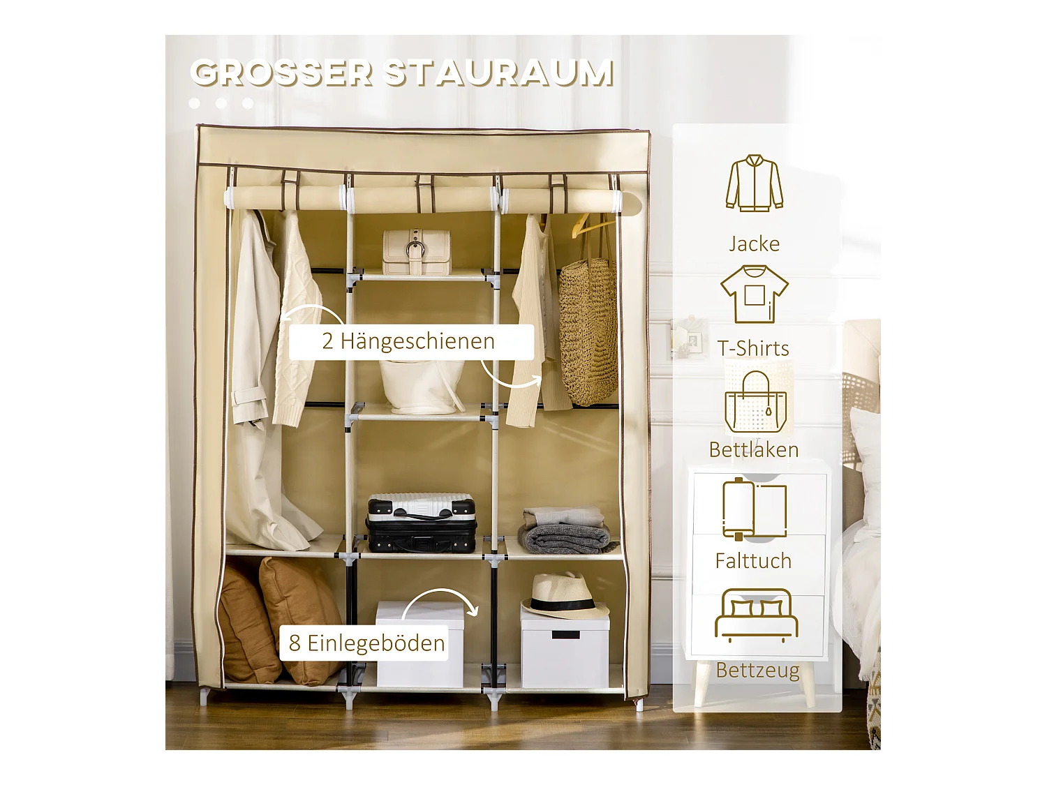 Armoire en tissu avec 8 étagères et penderie, design compact, acier et tissu beige (125x43x162.5 cm)