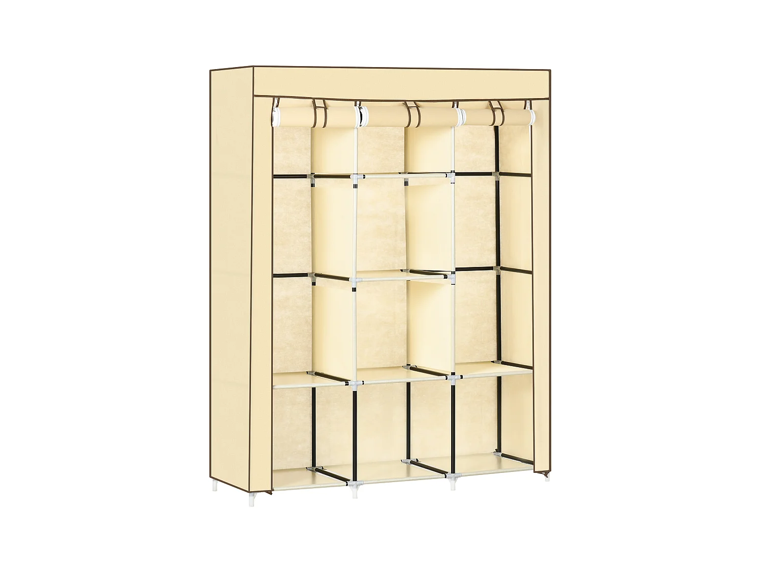 Armoire en tissu avec 8 étagères et penderie, design compact, acier et tissu beige (125x43x162.5 cm)