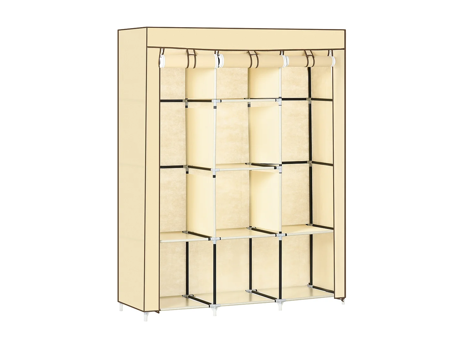 Armoire en tissu avec 8 étagères et penderie, design compact, acier et tissu beige (125x43x162.5 cm)