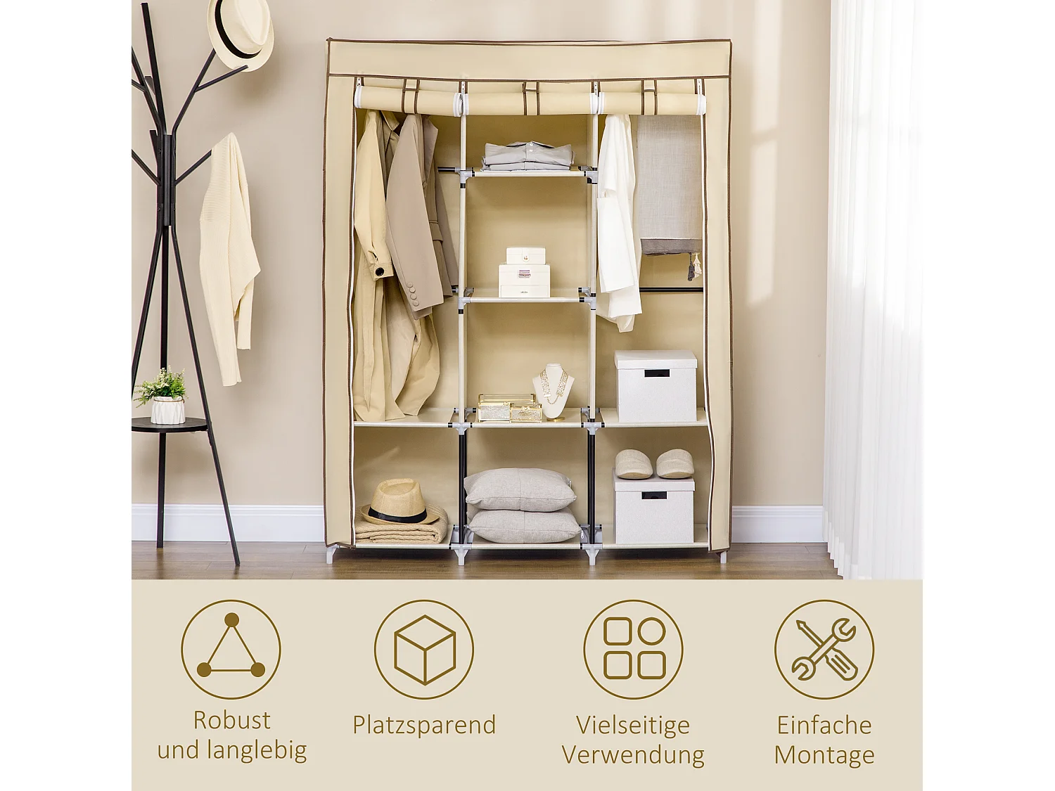 Armoire en tissu avec 8 étagères et penderie, design compact, acier et tissu beige (125x43x162.5 cm)