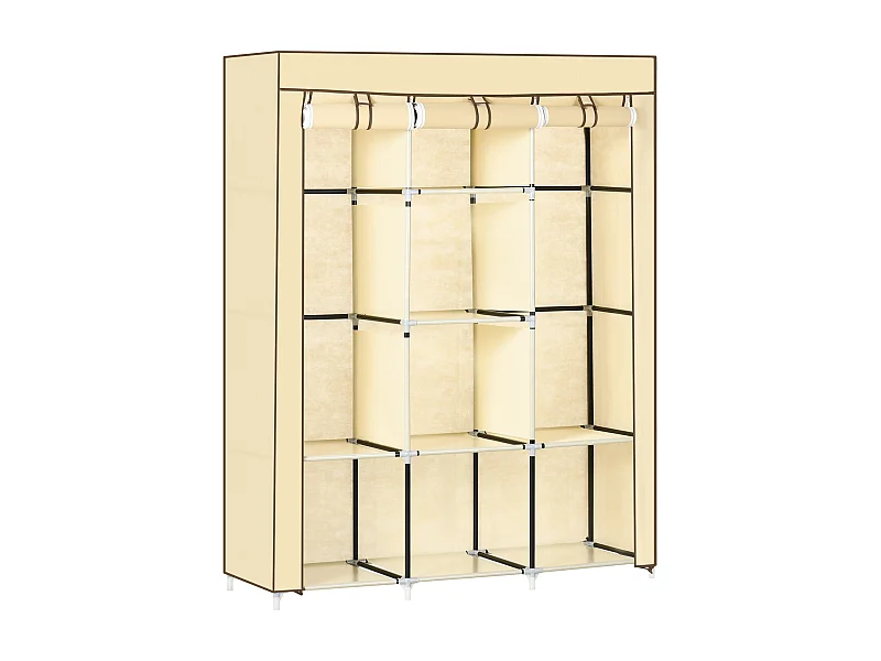 Armoire en tissu avec 8 étagères et penderie, design compact, acier et tissu beige (125x43x162.5 cm)