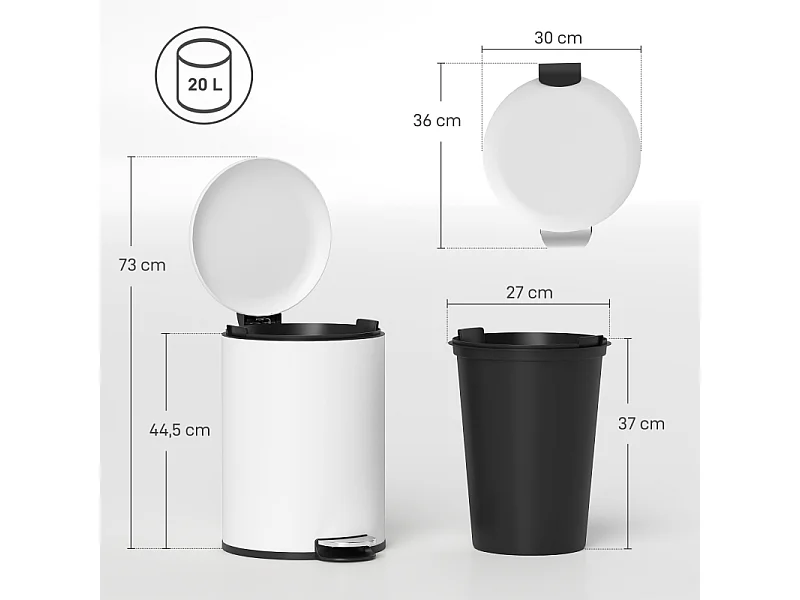 Poubelle avec pédale et couvercle, 20L, avec seau intérieur, métal, blanc (36x30x44.5 cm)