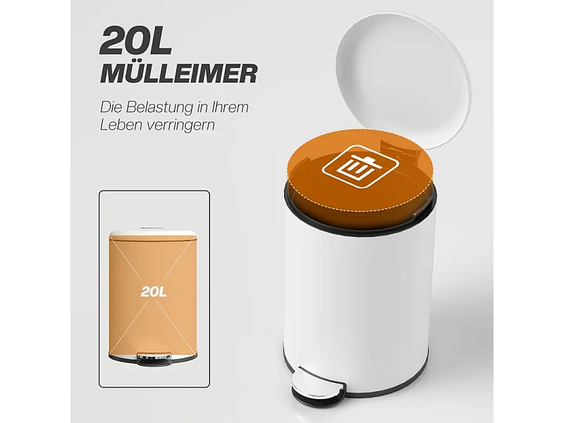 Poubelle avec pédale et couvercle, 20L, avec seau intérieur, métal, blanc (36x30x44.5 cm)