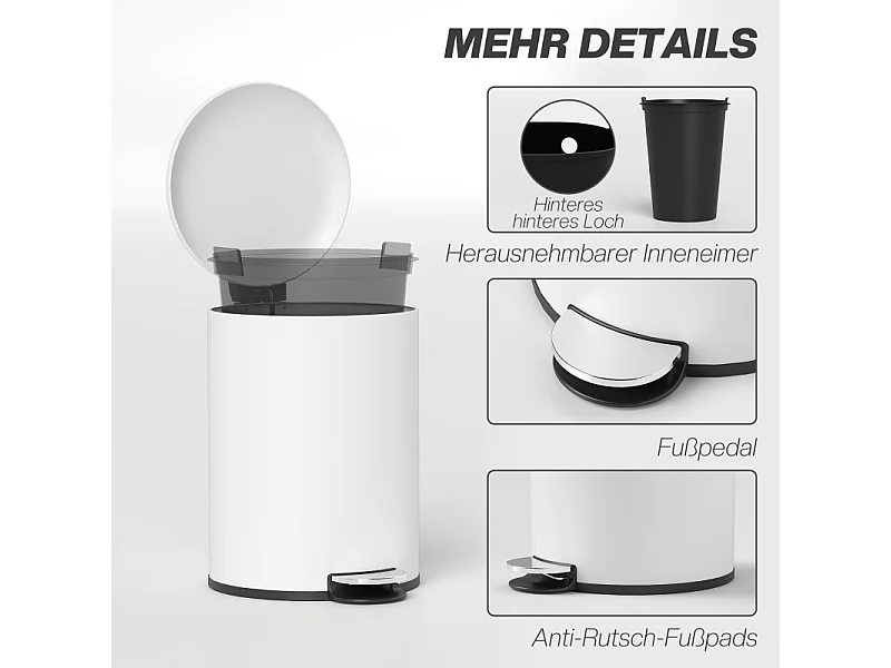 Poubelle avec pédale et couvercle, 20L, avec seau intérieur, métal, blanc (36x30x44.5 cm)