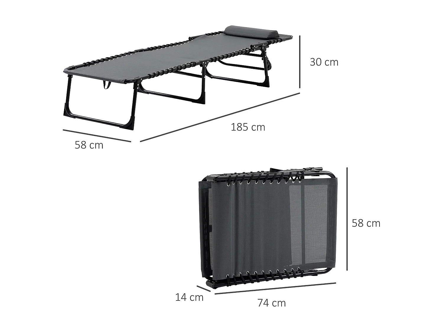 Opvouwbare ligstoel, met kussen, 5 verstelbare standen, polyester, grijs (185x58x30 cm)