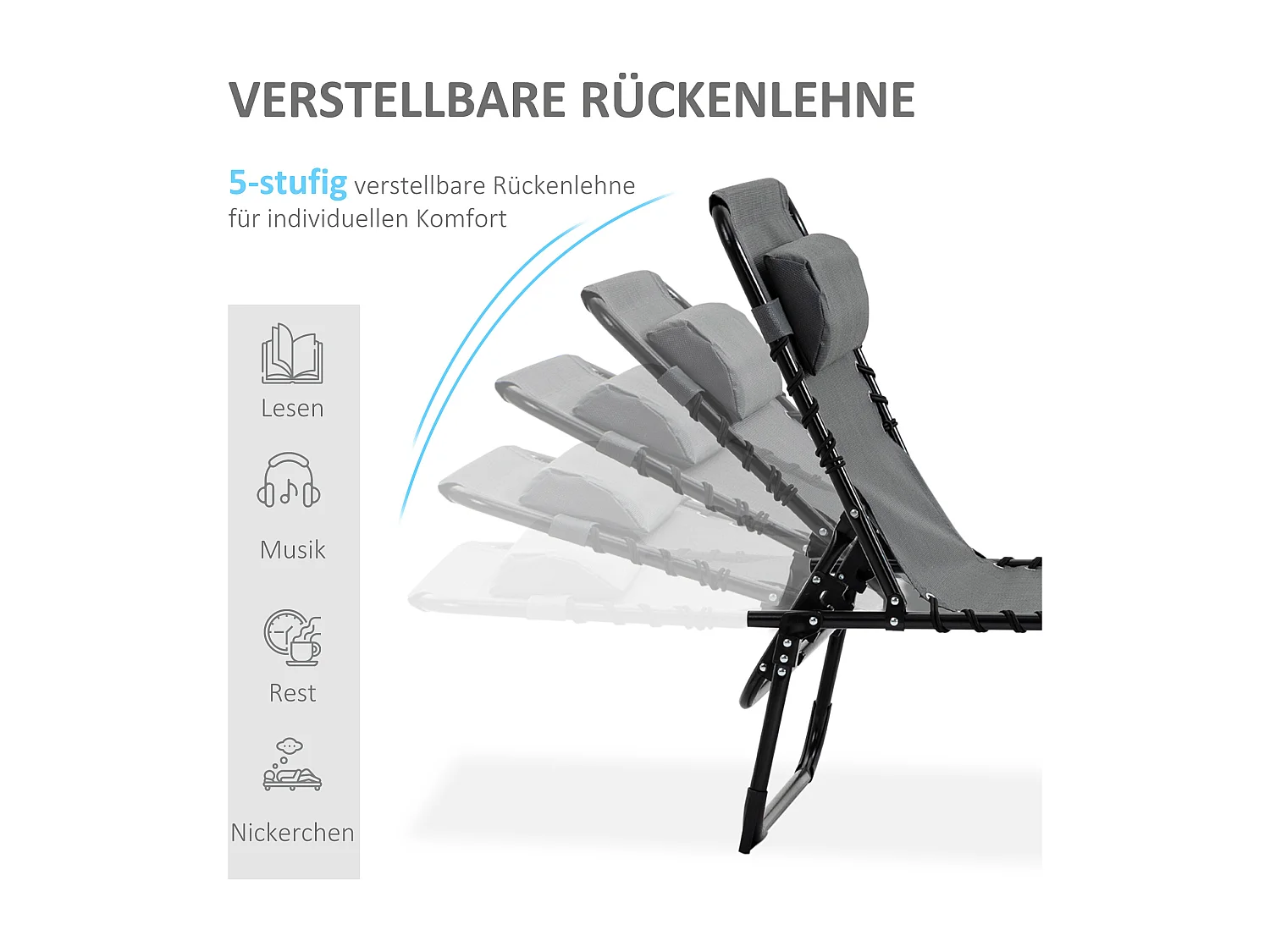 Opvouwbare ligstoel, met kussen, 5 verstelbare standen, polyester, grijs (185x58x30 cm)