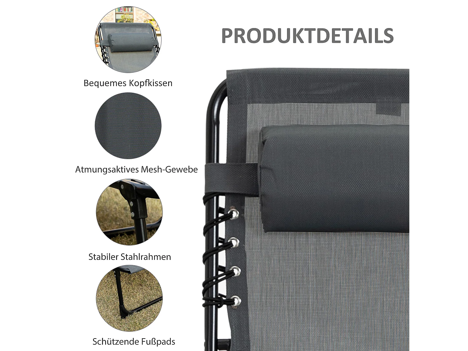 Opvouwbare ligstoel, met kussen, 5 verstelbare standen, polyester, grijs (185x58x30 cm)