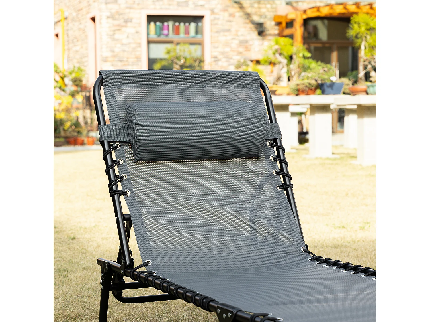 Opvouwbare ligstoel, met kussen, 5 verstelbare standen, polyester, grijs (185x58x30 cm)