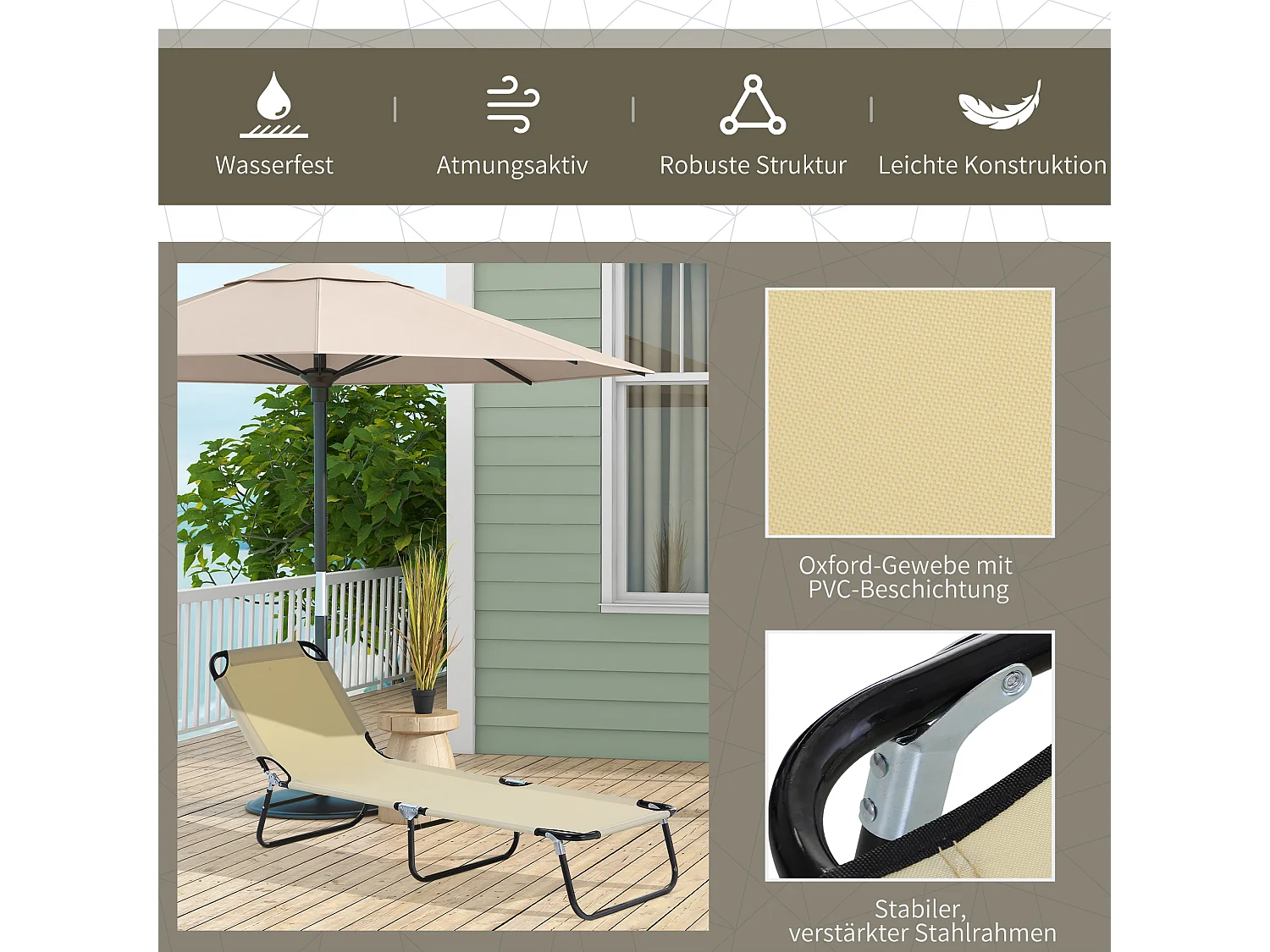 Chaise longue de jardin avec dossier réglable, acier, bleu, confortable et robuste (188x56x28cm)