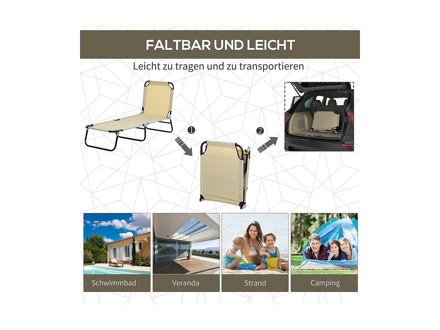 Chaise longue de jardin avec dossier réglable, acier, bleu, confortable et robuste (188x56x28cm)