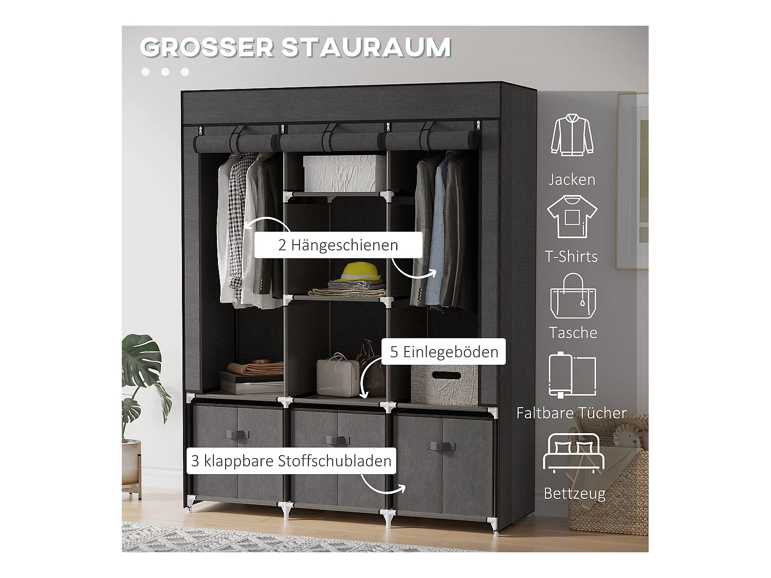 Armoire pliante 2-en-1 avec étagères et tringles, tissu non-tissé, gris foncé (125x43x162.5 cm)