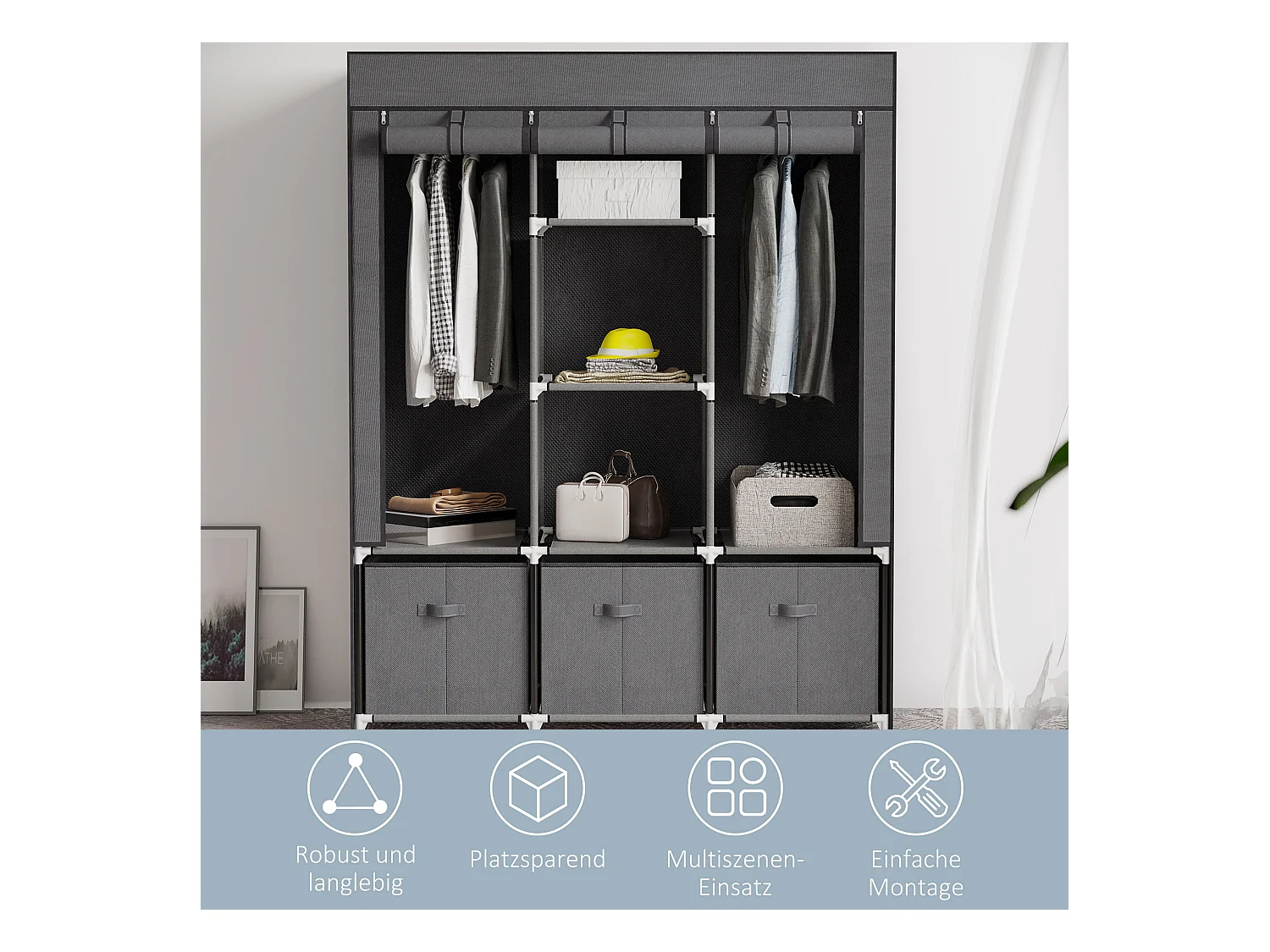 Armoire pliante 2-en-1 avec étagères et tringles, tissu non-tissé, gris foncé (125x43x162.5 cm)