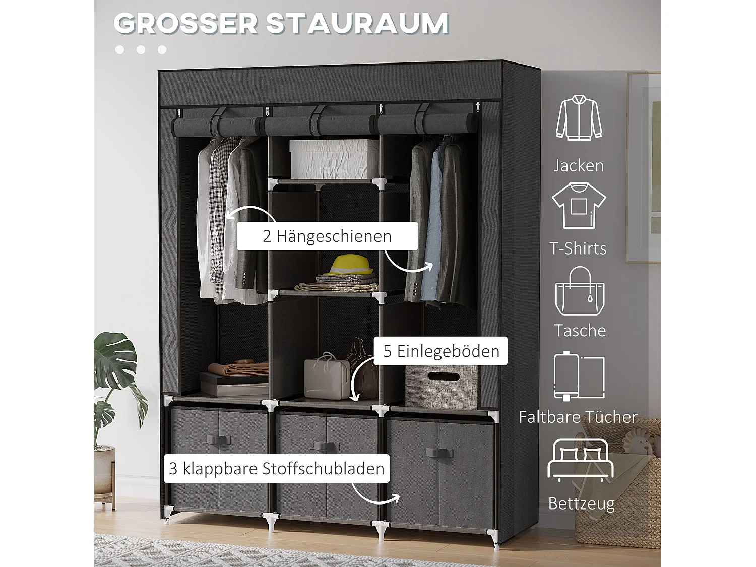 Armoire pliante 2-en-1 avec étagères et tringles, tissu non-tissé, gris foncé (125x43x162.5 cm)