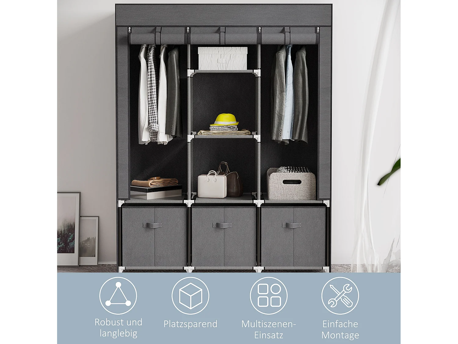 Armoire pliante 2-en-1 avec étagères et tringles, tissu non-tissé, gris foncé (125x43x162.5 cm)