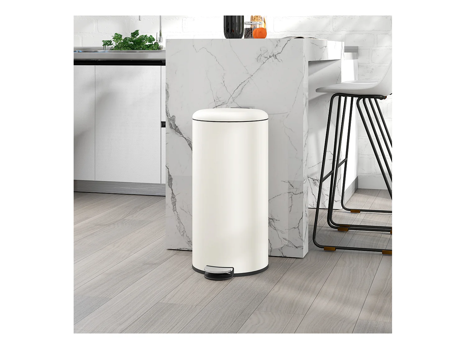 Poubelle à pédale 30L avec seau intérieur, métal ivoire, couvercle silencieux (36x30x63.5cm)