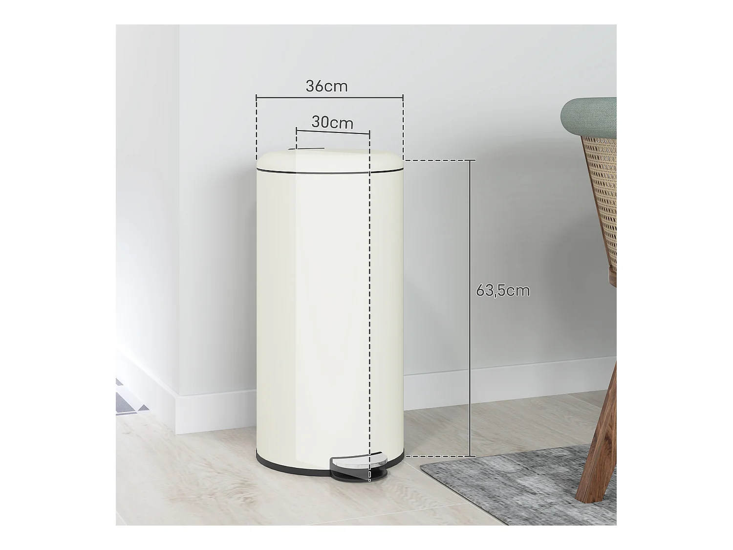 Poubelle à pédale 30L avec seau intérieur, métal ivoire, couvercle silencieux (36x30x63.5cm)