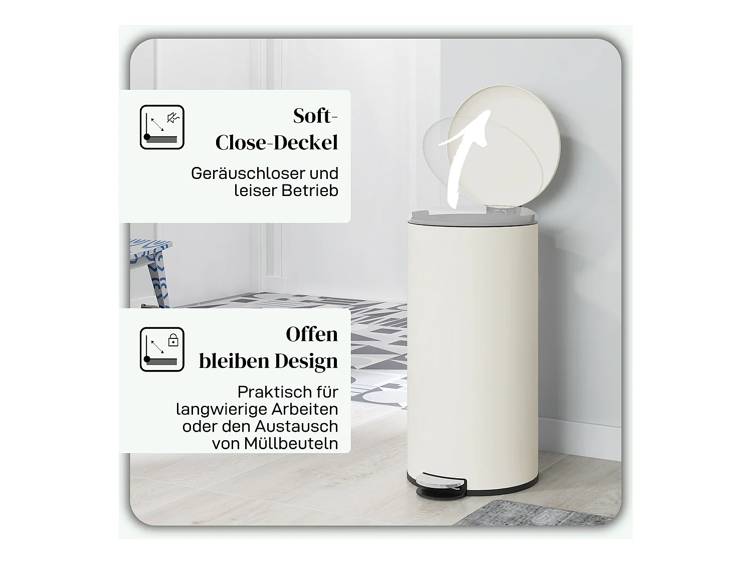Poubelle à pédale 30L avec seau intérieur, métal ivoire, couvercle silencieux (36x30x63.5cm)