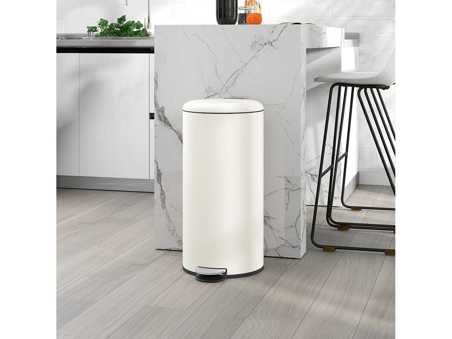 Poubelle à pédale 30L avec seau intérieur, métal ivoire, couvercle silencieux (36x30x63.5cm)