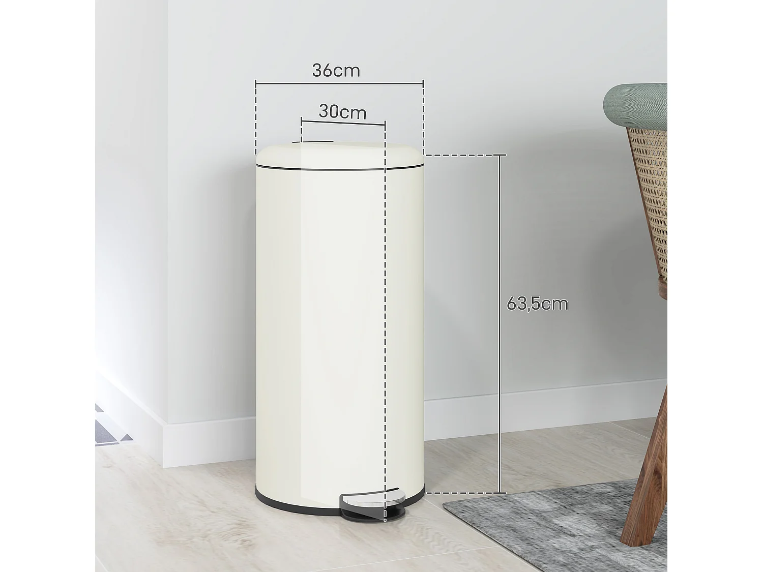 Poubelle à pédale 30L avec seau intérieur, métal ivoire, couvercle silencieux (36x30x63.5cm)