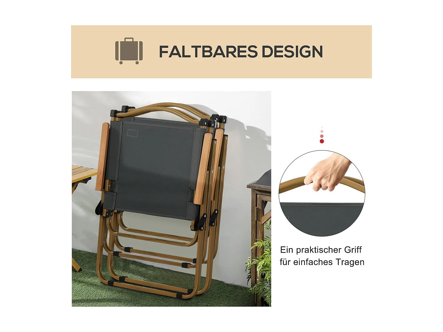 Set van 2 opvouwbare kampeerstoelen, metalen frame, Oxford-stof, houtlook, donkergrijs (54x59x78 cm)