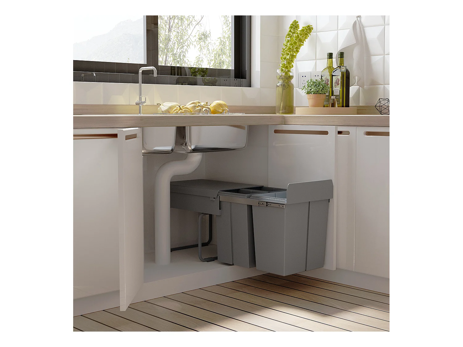 Poubelle encastrable 40L, système de tri avec 3 bacs amovibles, plastique, gris (48x34.2x41.8 cm)